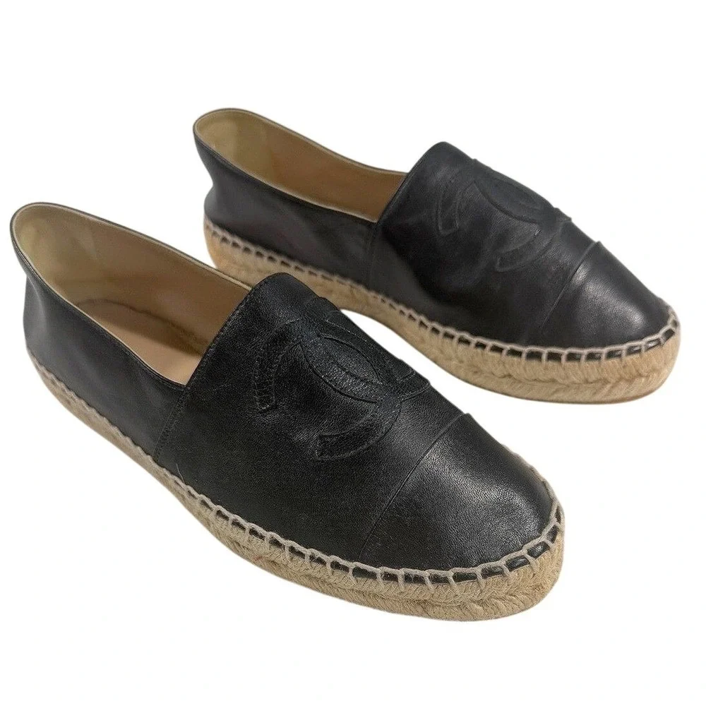 CHANEL Lambskin Espadrilles Black CC 37 Auth New w/o Box Leather Flats Slip-On